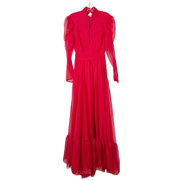 NWT Mac Duggal Chiffon High Neck Keyhole Puff Sleeve Lace Up Dress Red 8 - Picture 3 of 8